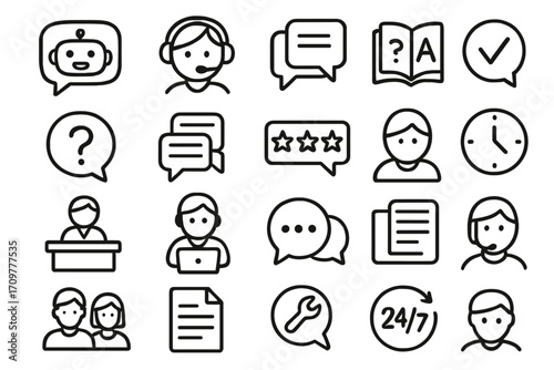 Customer service linear icon set. featuring chatbot, headset, chat, faqs, support, and 24/7 assistance icons