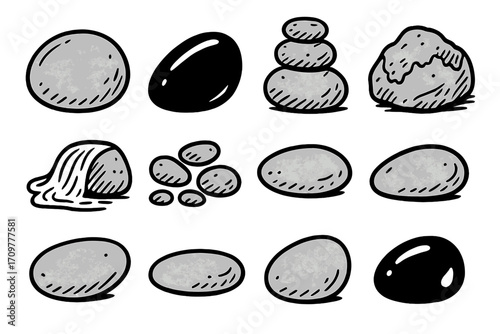 Natural elements flat icon set. featuring pebbles, stones, rock stacks, smooth stones, rough rocks, layered stones