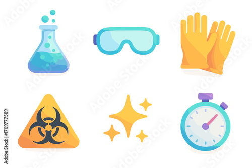 Science lab flat icon set. featuring flask, goggles, gloves, biohazard, clean, stopwatch symbols