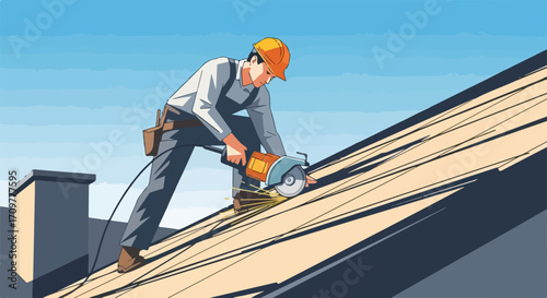 Roof repair is a professional's job, as shown by man working on rooftop with circular saw. Roof repair requires precision. Skilled worker focused on roof repair,