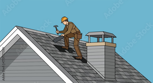 Roofer repairs shingles on house roof with hammer and hand saw, showcasing home improvement. Roofer skillfully secures roof shingles with tools, as part of home improvement.