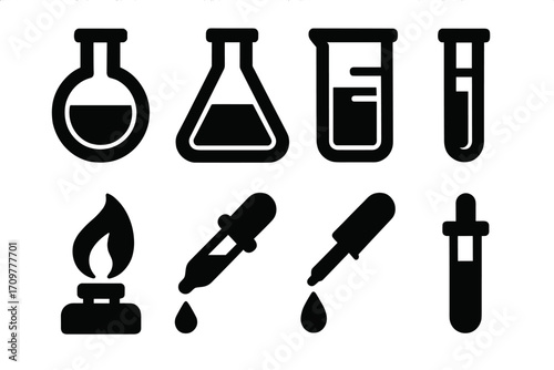 Science lab silhouette icon set. featuring beaker, flask, test tube, pipette, and burner symbols