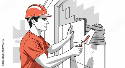 Worker applying tiles to wall. Work site scene shows worker applying tiles with cement to exterior wall with trowel, worker applying tiles on door frame to create new wall finish.