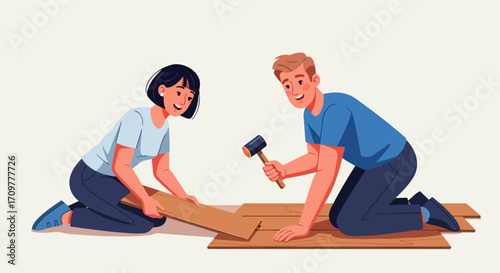 Installing flooring with a woman and man laying down wood planks, concept installing flooring for home renovation, improvement. Installing flooring involves teamwork, planning, and precision.