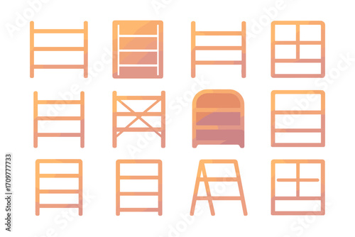 Construction tools silhouette icon set. featuring ladder, scaffold, sawhorse, gate, and framework symbols