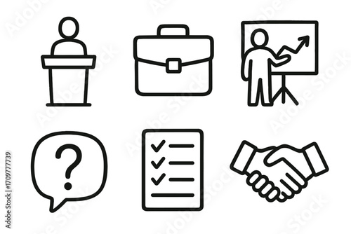 Business and presentation linear icon set. featuring speech, briefcase, chart, question, checklist, handshake