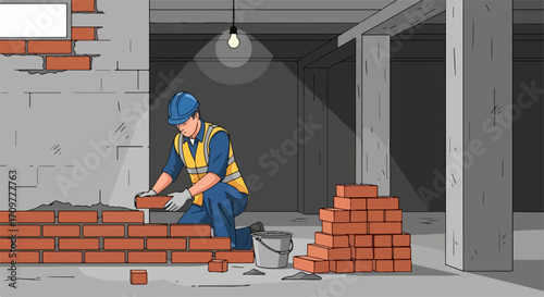 Bricklayer working on a brick wall with bricks. A bricklayer in safety gear constructs with masonry materials, bricklayer lays bricks to build solid foundation.