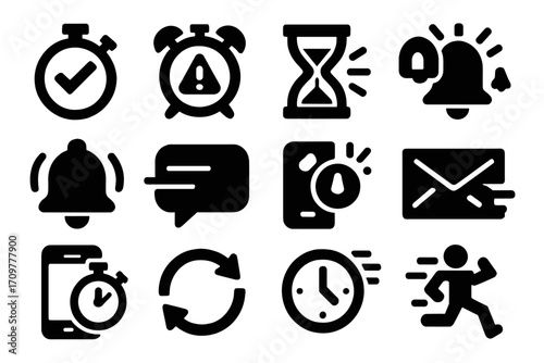 Time management silhouette icon set. featuring timer, alarm clock, hourglass, bell, chat, refresh, and running symbols