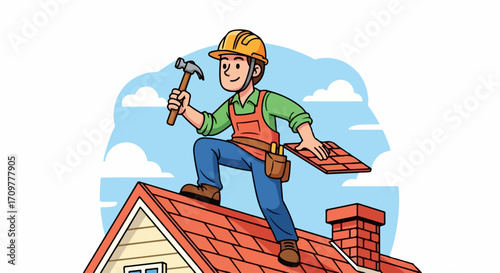 Cartoon roofer repairs roof with hammer and shingles during sunny day. Roofer job requires specific safety helmet, construction tools, and skilled labor to complete roofing work.