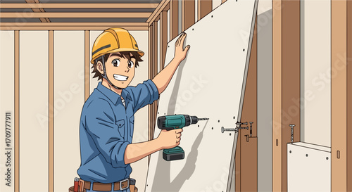 Construction worker installing drywall on wall studs with screw gun in unfinished home. Construction worker skillfully places drywall to interior walls, securing it with screws.