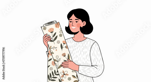 Woman with floral wallpaper, ready to redecorate her home with new floral wallpaper roll. Stylish lady holding roll for home improvement project. Consider this floral wallpaper for interior decor,
