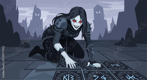 Shadow sorceress playing game with runes on stone tiles. Playing game using ancient symbols in a fantasy setting. Consider playing game for commercial projects that need a dark or mysterious touch,
