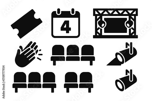 Event planning silhouette icon set. featuring ticket, calendar, stage, applause, seating, and spotlight symbols