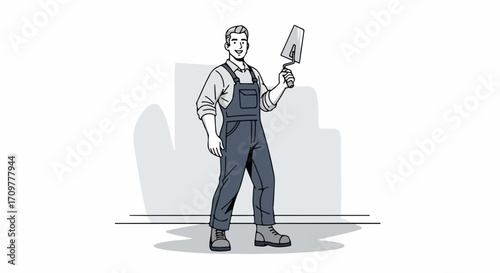 Construction worker illustration with worker holding trowel, dressed in work clothes. Construction worker with confident pose. Illustration shows tradesman ready for the job,