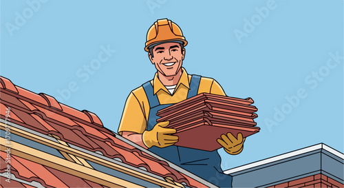 Roofer repairing roof with tiles on house, smiling worker carrying roofing tiles, and fixing rooftop. Concept of roofer at work on a roof, fixing damaged tiling, and ensuring weather protection,