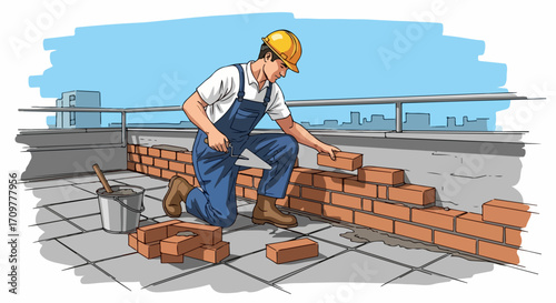 Bricklaying work construction shows bricklayer in protective helmet placing brick, completing brick wall with precision. Bricklaying work highlights dedicated construction worker at masonry task.