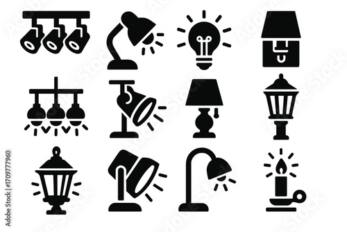 Lighting equipment silhouette icon set. featuring lamps, chandeliers, lanterns, candles, and bulbs
