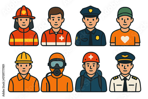 Professions flat icon set. featuring firefighter, doctor, police, volunteer, builder, scientist, rescue, pilot