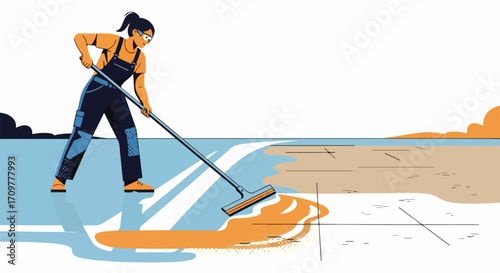 Person mopping floor with a squeegee shows clean surface of illustration representing effective cleaning,