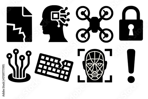 Technology silhouette icons set. featuring ai, drone, lock, circuit, keyboard, face recognition, exclamation