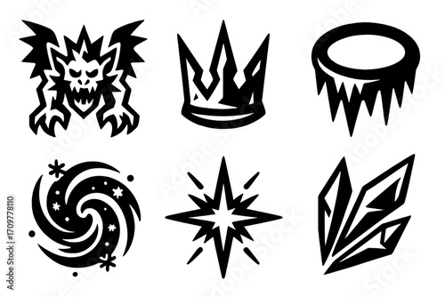 Fantasy elements silhouette icon set. featuring dragon, crown, portal, star, and crystal symbols