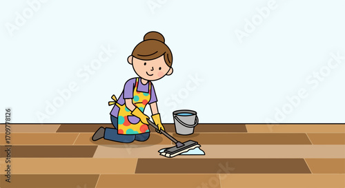 House cleaning with a mop on wooden floor, woman at home is doing house cleaning with a mop on the wooden floor. Daily routine includes woman cleaning floor.