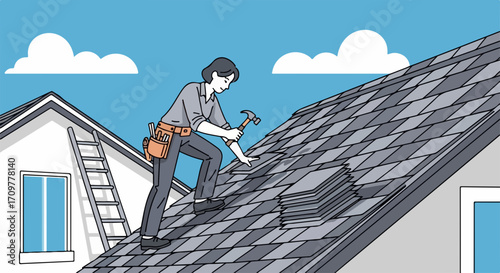 Roofer at work assembling new roof shingles, showcasing roof repair on a residential house. Roof repair includes fixing tiles with hammer. Conceptual roof repair representing home improvement,