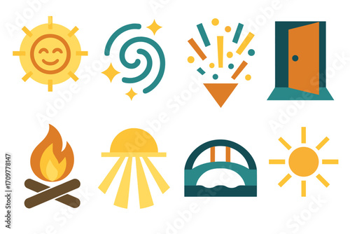 Party celebration silhouette icon set. featuring fireworks, sparkles, confetti, warmth, and light motifs