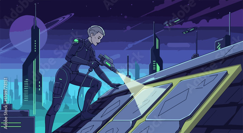 Solar panel cleaning depicts woman maintaining equipment on rooftop against futuristic city backdrop. This solar panel cleaning showcases energy innovation,