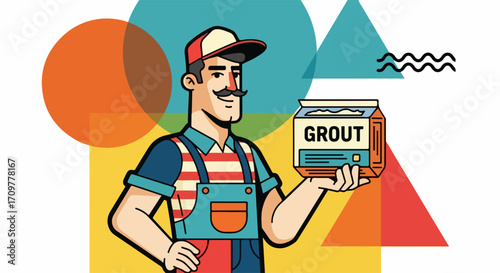 Cartoon tradesman holding grout against abstract background. Cartoon tradesman presents grout, wearing cap and overalls, standing confidently amidst geometric shapes.