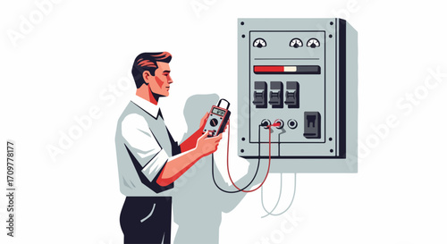 Electrician work on electrical panel, performing electrical panel inspection and diagnostics.