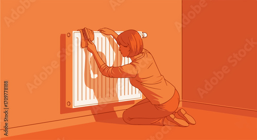 Home cleaning with woman cleaning radiator with cloth at home. Home cleaning action is essential for hygiene. This home cleaning is beneficial for maintaining health and well being for family.