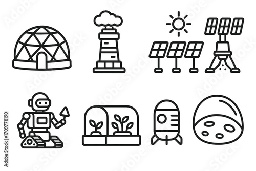 Futuristic energy linear icon set. featuring dome, lighthouse, solar panels, robot, greenhouse, rocket, and helmet
