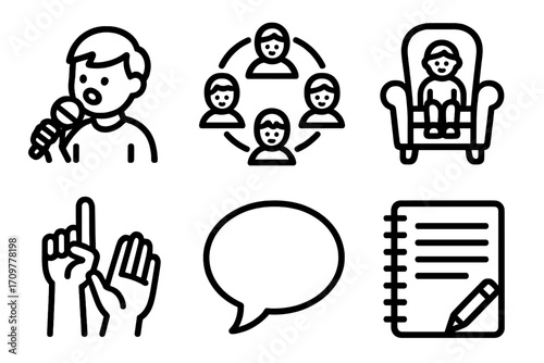 Public speaking linear icon set. featuring speaker, audience, chair, raised hand, speech bubble, notebook