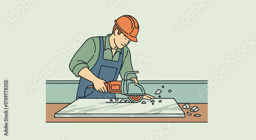 Handyman cuts tiles using handheld power tools in home renovation project. Home renovation with professional handyman shows precision and skill, using the appropriate tools for the project.