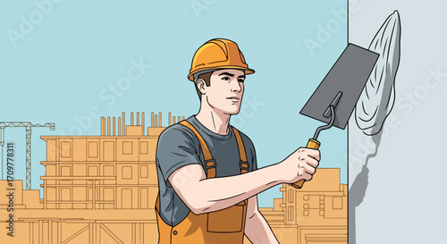 Builder at work applying plaster to wall in construction site, construction worker applying plaster creates smooth surface. Builder at work using trowel to create even layer,