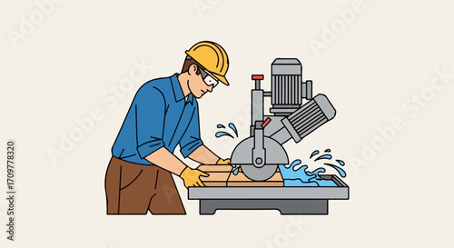 Construction worker uses tile saw with water for precise cutting. Tile saw operation showcases careful craftsmanship and attention to detail for perfect results.