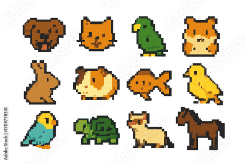 Pet animals pixel art icon set. featuring dog, cat, bird, fish, turtle, rabbit, guinea pig, hamster, chick, parrot, horse, alpaca