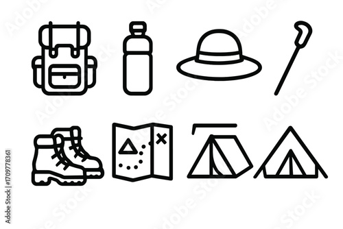 Outdoor adventure silhouette icon set. featuring backpack, water bottle, hat, walking stick, boots, map, and tent symbols