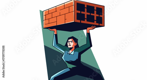 Depiction of labor with woman lifting brick overhead. Metaphor construction illustrates strength with a hard building brick on figure's shoulders. Concept labor represents metaphor construction,
