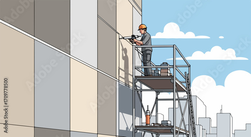 Construction worker on scaffolding using drill on a building. Construction worker on scaffolding is performing repairs and maintenance tasks at height.