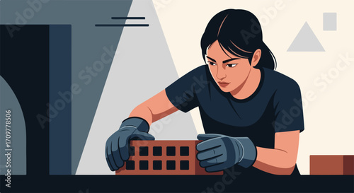 Woman laying bricks constructing a wall with attention to detail for architectural integrity. Laying bricks requires skill and precision in bricklaying, ensuring structural stability.