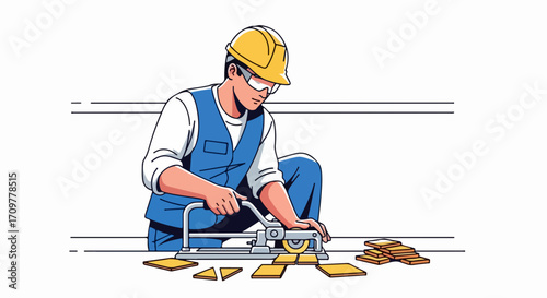 Worker cutting tile with manual cutter for flooring installation. Cutting tile requires precision and skill, with tile cutter ensuring accuracy, enhancing surface aesthetics and durability.
