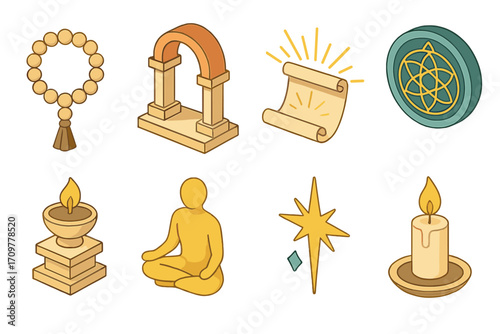 Spiritual elements flat icons set. featuring prayer beads, temple gate, scroll, chakra, flame altar, meditation, star, candle