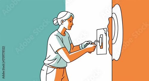 Woman plastering wall with trowel prepares a surface before painting, "woman plastering wall with trowel". Woman plastering applies the finishing touches for home improvement,