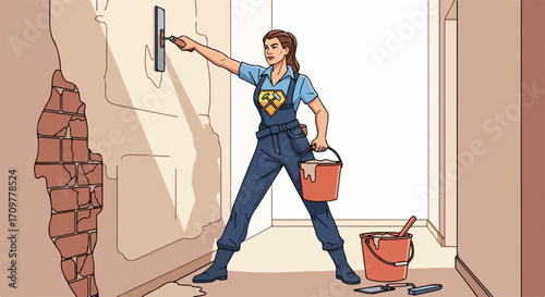 Woman doing wall repair with plastering tools in home interior. Wall repair involves plastering tools used with precision for restoration, fixing damage, and creating smooth surfaces,