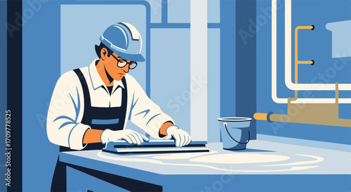 Worker performs maintenance in factory in a factory. Factory maintenance is vital for optimal workflow and productivity.