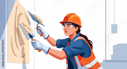 Female plasterer finishing wall with trowel, creating smooth surface with building material, femme plâtrière finissant le mur au platoir, créant une surface lisse avec du matériau de construction.