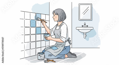 Woman painting tile accent walls with soft colors for home renovation, mujer pintando paredes de acento de azulejos con colores suaves para la renovación del hogar,