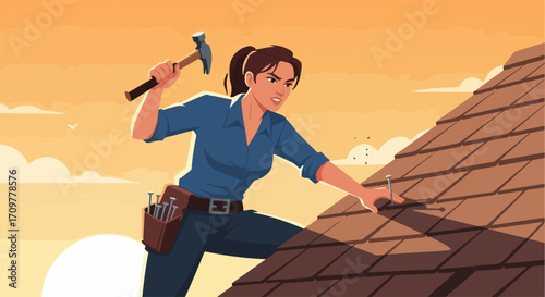 Woman repairing roof using hammer, nailing shingles under sky. Repairing roof is essential for home maintenance, showing labor and skill. Illustrative repairing roof for home improvement projects.